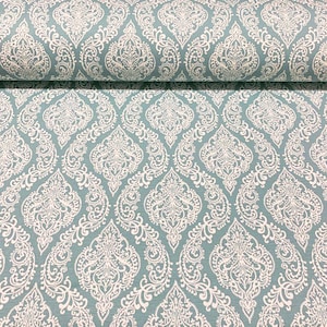 Damask Upholstery Fabric, Mint Victorian Brocade Water Resistant Cotton Canvas Outdoor Cushion Curtain Chair Furniture Fabric by the Yard