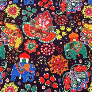 Cotton Fabric - Black Paisley Mandala Elephant Print Craft Fabric Material