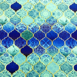 Tessuto per tappezzeria marocchino tagliato su misura, stampa di piastrelle a traliccio blu cobalto turchese, tessuto per arredamento di lusso orientale per sedie e divani