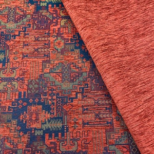 Terracotta Rust Upholstery Kilim Fabric Turkish Boho Bohemian Tribal Woven Chenille Tapestry Rug Furniture Chair Sofa Fabric by the Yard