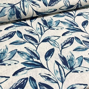 Boho Pastel Blue Leaves Fabric Linen Look Water Repellent Cotton Canvas Outdoor Upholstery Curtain Furniture Chair Sofa Fabric by the Yard