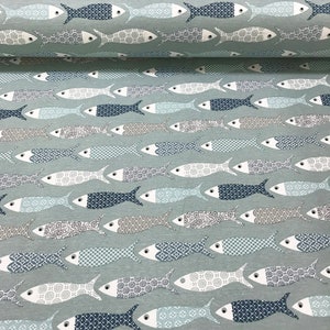 Mint Fish Print Canvas Fabric Water Repellent Cotton Outdoor Home Textile Curtain Furnishing Sofa Chair Upholstery Fabric by the Yard