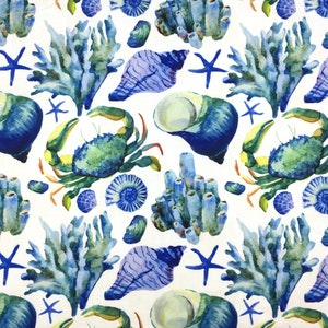 Nautical Watercolor Underwater Fabric, Blue Under the Sea Ocean Crab Coral Print Home Decor Curtain Chair Sofa Upholstery Fabric by the Yard