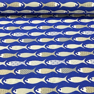 Royal Blue Fish Print Canvas Fabric Water Repellent Cotton Outdoor Home Textile Curtain Chair Sofa Furnishing Upholstery Fabric by the Yard