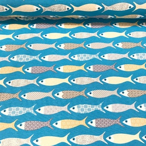 Tela de lona con estampado de peces azules, algodón repelente al agua turquesa, textil para el hogar al aire libre, cortina, muebles, tela de tapicería cortada a medida