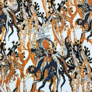 Nautical Octopus Fabric, Watercolor Coral Reef Octopus Marine Art Print Home Decor Tapestry Drapery Furniture Upholstery Fabric  by the Yard