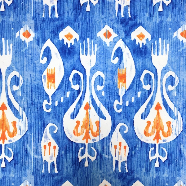 Blue White Ikat Upholstery Fabric Ethnic Watercolor Ikat Print Boho Bohemian Curtain Ottoman Cushion Furniture Chair Sofa Fabric by the Yard