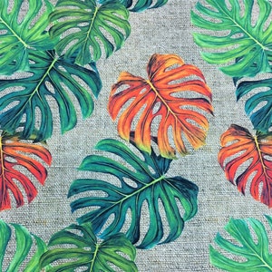 Tropical Upholstery Fabric by the Yard, Monstera Leaves on Burlap Jute Pattern Print Home Decor Chair Bench Couch Sofa Furniture Fabric