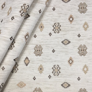 Turkish Kilim Upholstery Fabric by the Yard, Ivory Boho Bohemian Tribal Woven Chenille Velvet Home Decor Furniture Chair Tapestry Rug Fabric