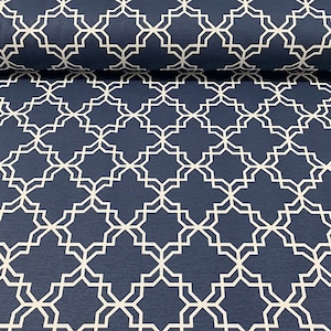 Tessuto da tappezzeria marocchino blu scuro, quadrifoglio orientale blu resistente all'acqua in tela di cotone per cuscini da esterno per sedie, divani, mobili, tessuto tagliato su misura