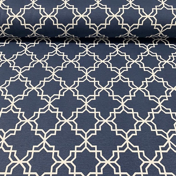 Navy Moroccan Upholstery Fabric, Blue Oriental Quatrefoil Water Resistant Cotton Canvas Outdoor Cushion Chair Sofa Furniture Fabric by Yard