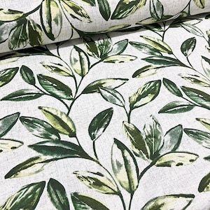 Boho Pastel Green Leaves Fabric Linen Look Water Repellent Cotton Canvas Outdoor Upholstery Curtain Furniture Chair Sofa Fabric by the Yard