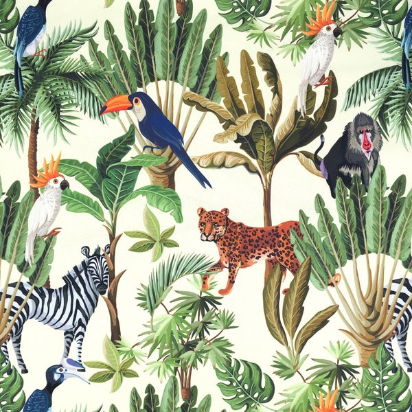 Tela de animales de la selva cortada a medida, pájaro tropical tigre cebra mono impresión hogar decoración cortina muebles tapiz silla sofá tapicería tela