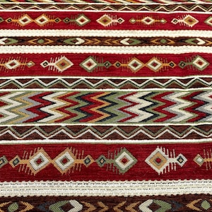 Kilim Polsterstoff Rot Tribal Aztek Türkisch Chenille Ottoman Wohndeko Wandteppich Stuhl Sofa Möbelstoff Meterware