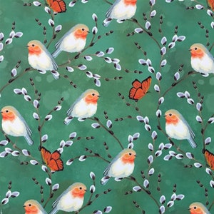 Green Floral Bird Print Fabric, Watercolor Robin Bird Print Home Decor Material, Furniture Curtain Chair Sofa Upholstery Fabric by the Yard