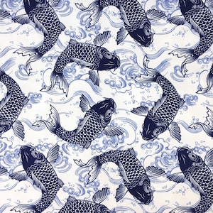 Blue Koi Fish Print Fabric, Navy Nautical Marine Fish Print Home Decor Curtain Tapestry Furniture Chair Sofa Upholstery Fabric by the Yard