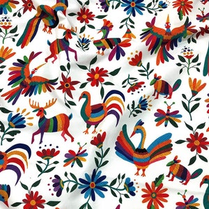 Mexican Otomi Print Fabric, Colorful Wild Animals Birds Flowers Print Home Decor Tapestry Chair Sofa Furniture Upholstery Fabric by the Yard