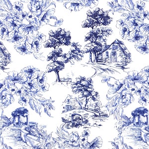 Toile de Jouy Upholstery Fabrics by the Yard, Scenery Landscape Painting Print Home Decor Drapery Sofa Chair Furniture Upholstery Fabric Navy