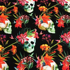 Floral Skull Fabric by the Yard, Gothic Botanical Flowers Print on Black Halloween Decor, Tapestry Furniture Chair Sofa Upholstery Fabric