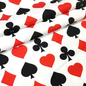 Tessuto con semi di carte da gioco tagliato su misura, stampa di simboli di carte da gioco di poker rosso e nero, decorazione per mobili da casinò e sala giochi