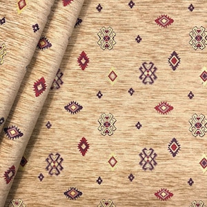 Turkish Kilim Upholstery Fabric by the Yard, Beige Boho Bohemian Tribal Woven Chenille Velvet Home Decor Furniture Chair Tapestry Rug Fabric