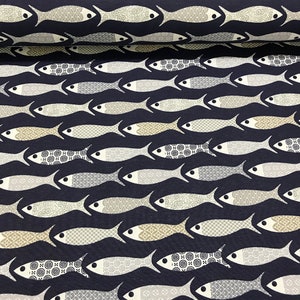 Navy Fish Print Canvas Fabric Water Repellent Cotton Outdoor Home Textile Curtain Chair Sofa Furnishing Upholstery Fabric by the Yard