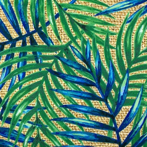 Botanical Tropical Upholstery Fabric, Exotic Green Blue Leaves on Burlap Pattern Home Decor Curtain Sofa Chair Furniture Fabric by the Yard
