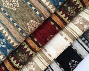 Kilim Upholstery Fabrics Ethnic Turkish Aztec Tribal Boho Bohemian Chenille Ottoman Rug Tapestry Chair Sofa Furniture Fabric by the Yard