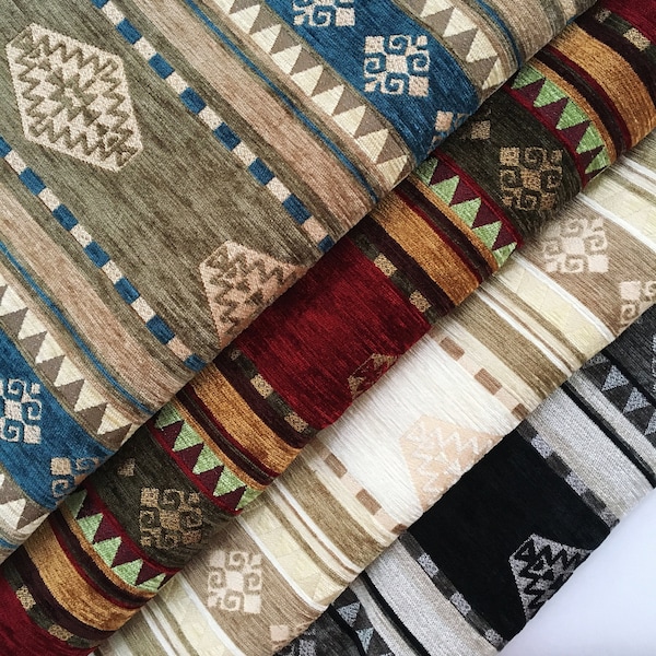 Kilim Upholstery Fabrics Ethnic Turkish Aztec Tribal Boho Bohemian Chenille Ottoman Rug Tapestry Chair Sofa Furniture Fabric by the Yard