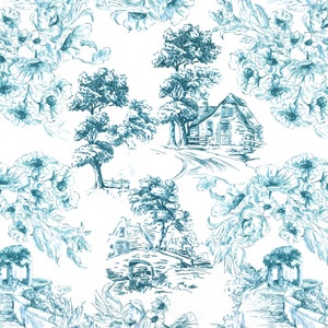 Toile de Jouy Upholstery Fabrics by the Yard, Scenery Landscape Painting Print Home Decor Drapery Sofa Chair Furniture Upholstery Fabric Teal