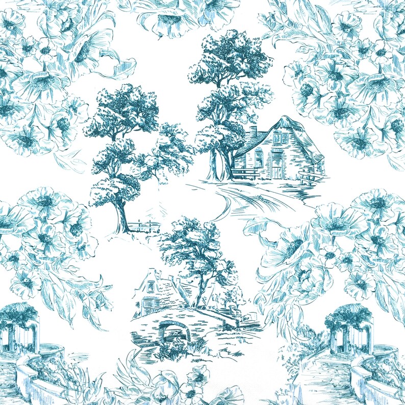 Toile de Jouy Upholstery Fabrics by the Yard, Scenery Landscape Painting Print Home Decor Drapery Sofa Chair Furniture Upholstery Fabric Teal