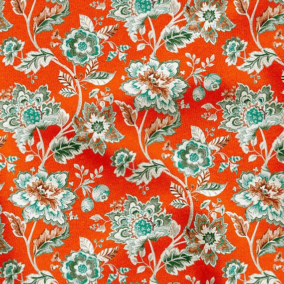 Retro Möbel Polsterstoff, Orange Grün Vintage Style Blumen Print