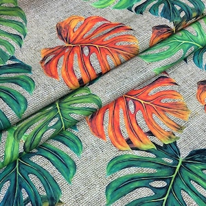 Tissu d&#39;ameublement tropical par mètre, feuilles de Monstera sur toile de jute motif impression décoration maison chaise banc canapé canapé tissu d&#39;ameublement