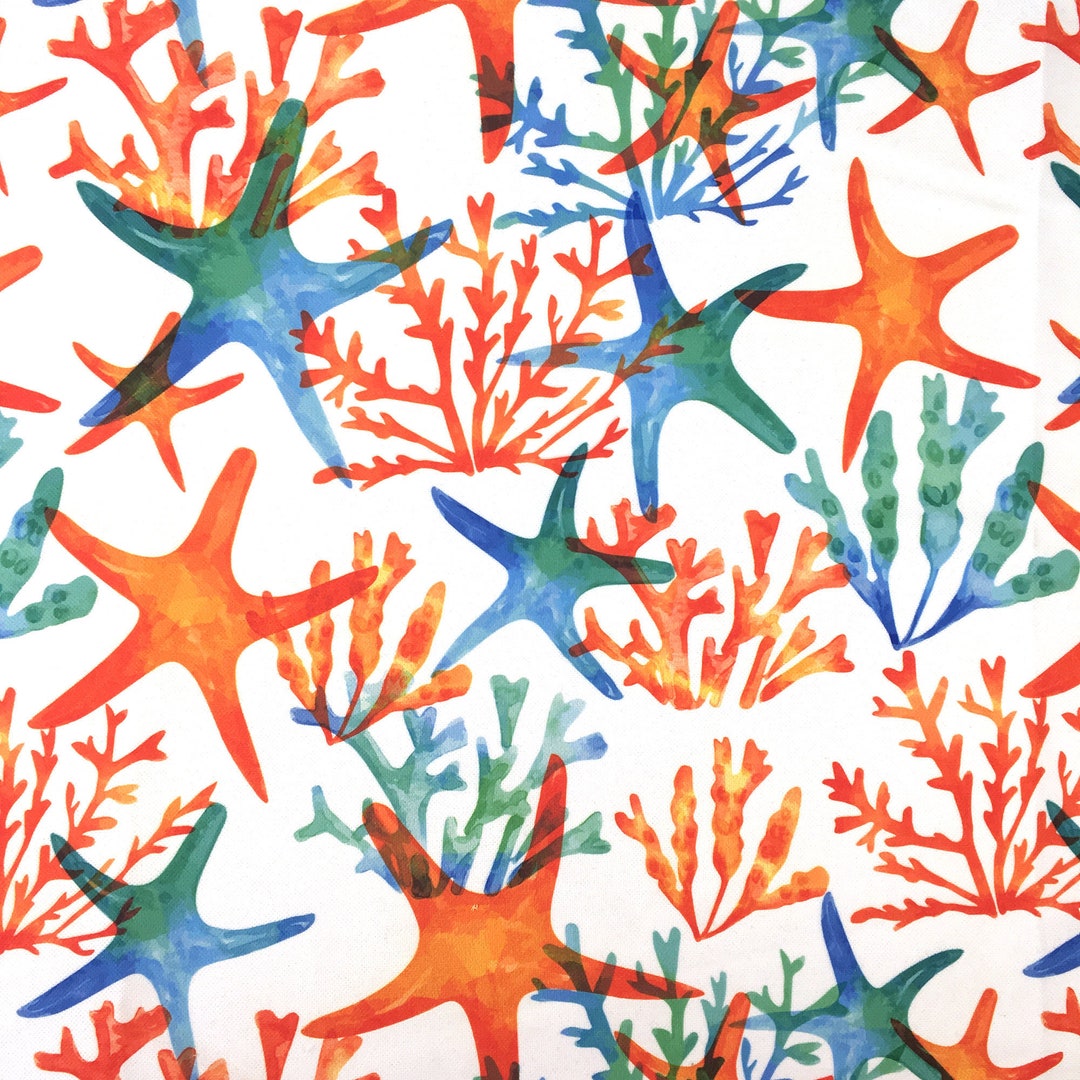 Nautical Coral Reef Upholstery Fabric Orange Blue Marine Coastal