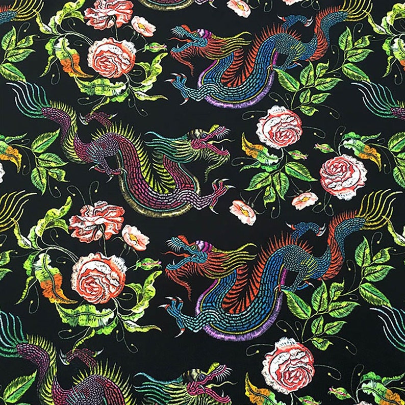Japanese Dragon Fabric by the Yard, Asian Floral Dragon Print Home Decor Tapestry Furniture Chair Sofa Couch Bench Upholstery Fabric image 1