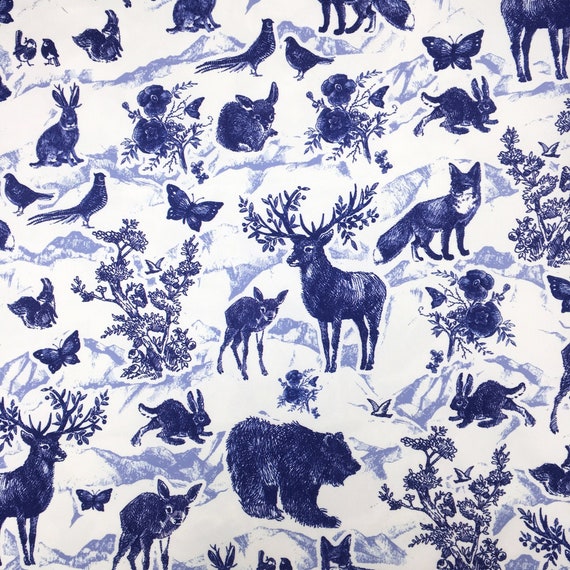 Wildlife Forest Animals Fabric Navy Blue Fox Deer Print Rustic