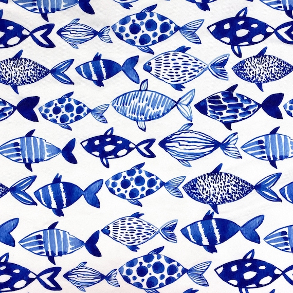 Blue White Fish Fabric Nautical Coastal Abstract Fish Print Home