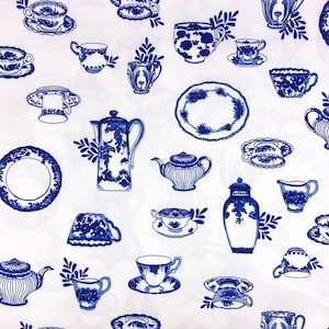 Blau Weiß Tea Time Stoff Porzellan Teekanne Druck Vintage Stil Küche Esszimmer Stuhl Sofa Möbel Polsterstoff Meterware