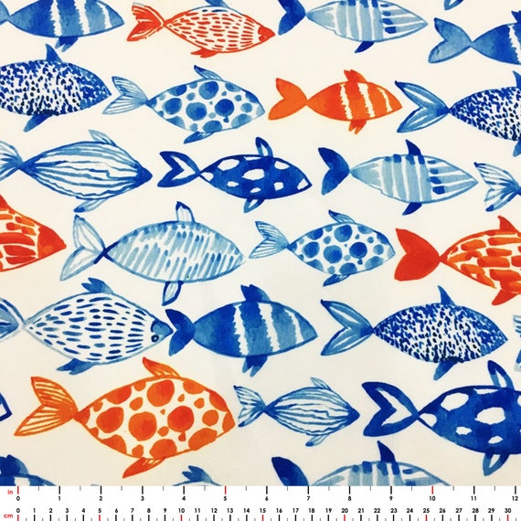 Watercolor Fish Fabric by the Yard, Blue Orange Fish Print Decorative  Marine Home Decor Furniture Upholstery Fabric for Chair Sofa Bench 