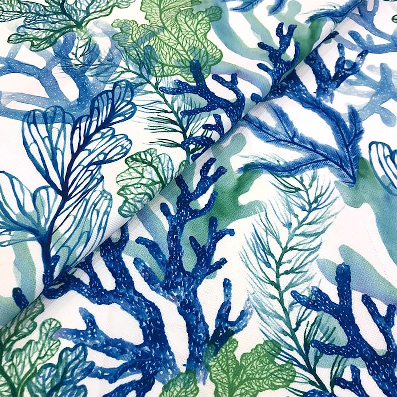 Blue Green Coral Reef Fabric Nautical Watercolor Coastal Print Etsy