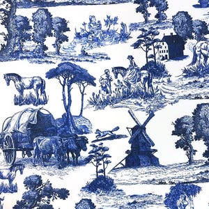 Blue Toile de Jouy Fabric, Pastoral Country Farmhouse Print Fabric, Home Decor Curtain Furniture Chair Sofa Upholstery Fabric by the Yard