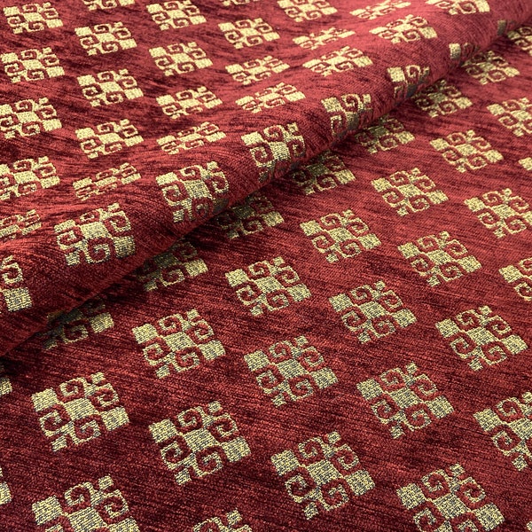 Turkish Kilim Upholstery Fabric Maroon Red Gold Aztec Woven Chenille Home Decor Furniture Tapestry Ottoman Chair Sofa Fabric by the Yard