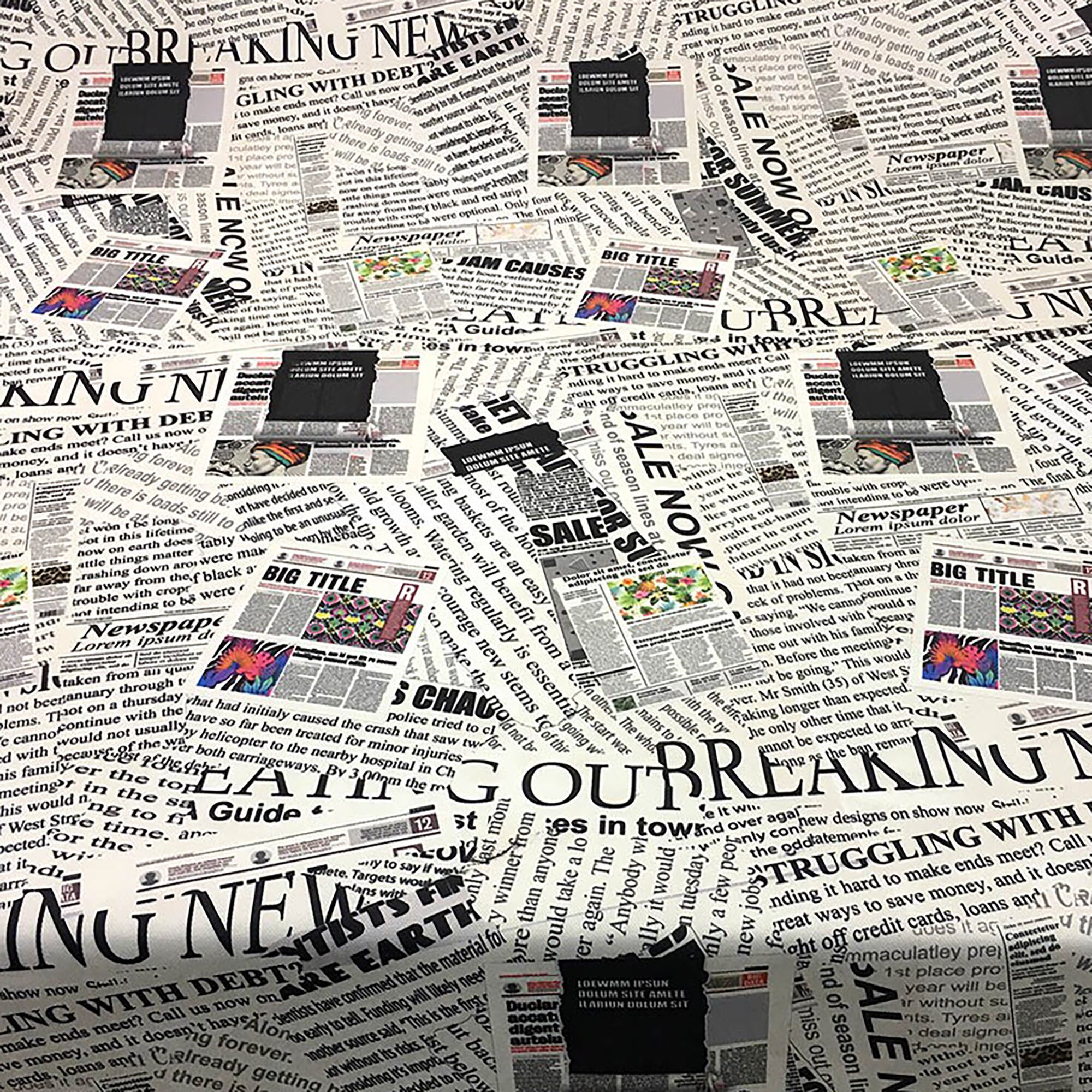 Newspaper Fabric by the Yard, Black and White Magazine Text