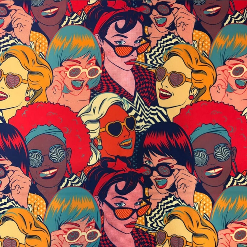 Colorful Retro Pin Up Girl Afro Woman Comic Print Decor Tapestry Furniture Chair Sofa Upholstery Fabric Pop Art Women Fabric by the Yard