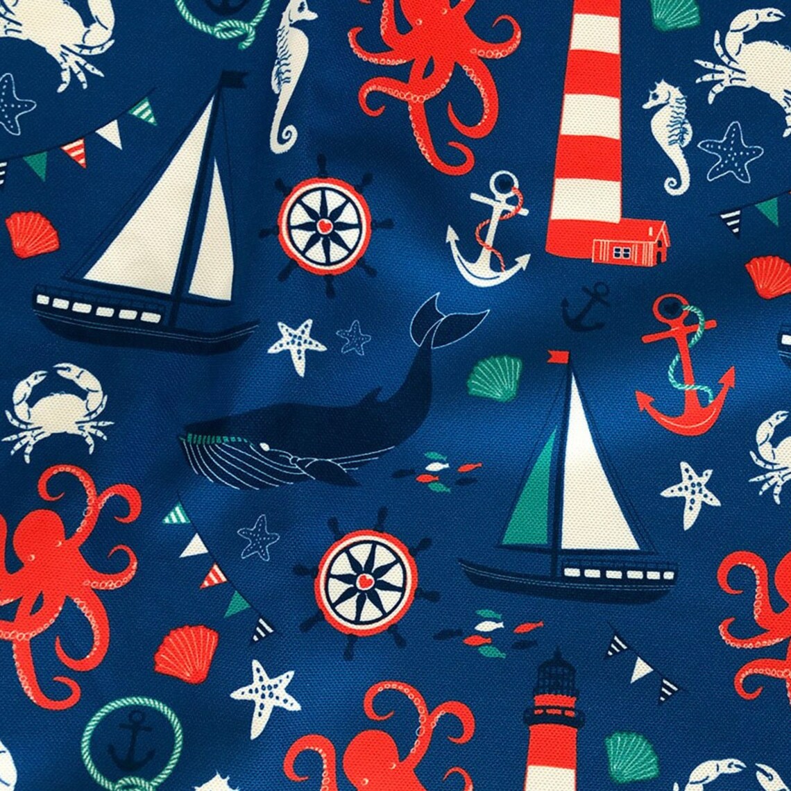Navy Blue Nautical Kids Fabric Marine Sea Sailboat Octopus Etsy