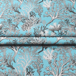 Blue Gray Coral Reef Fabric Coastal Nautical Ocean Sea Print Home Decor Curtain Furniture Tapestry Chair Sofa Upholstery Fabric by the Yard