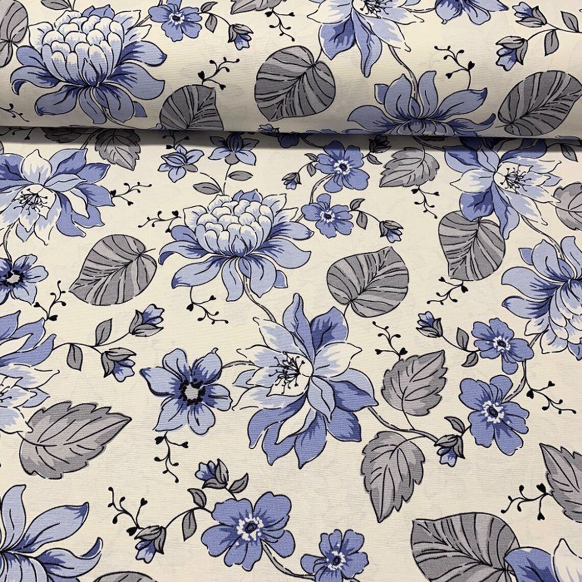 Blue Floral Chintz Upholstery Fabric Water Resistant Cotton | Etsy