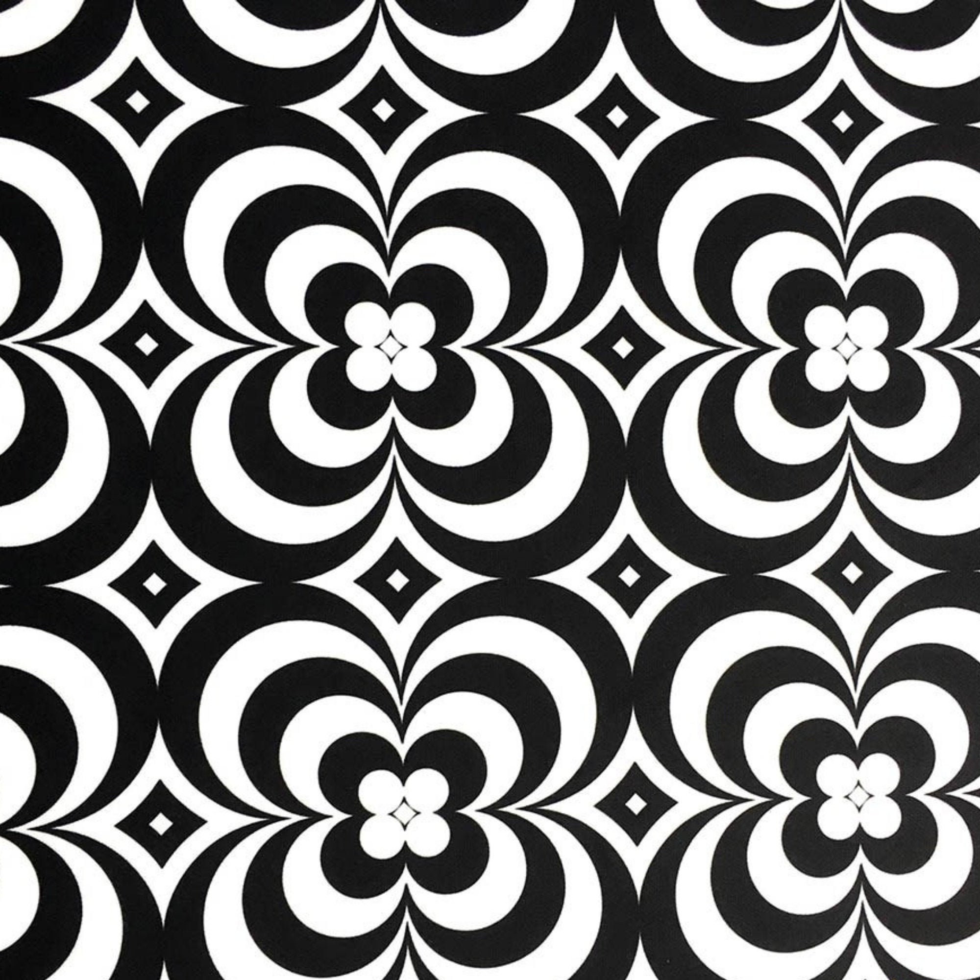 Black and White Retro Floral Fabric 70s Groovy Geometric