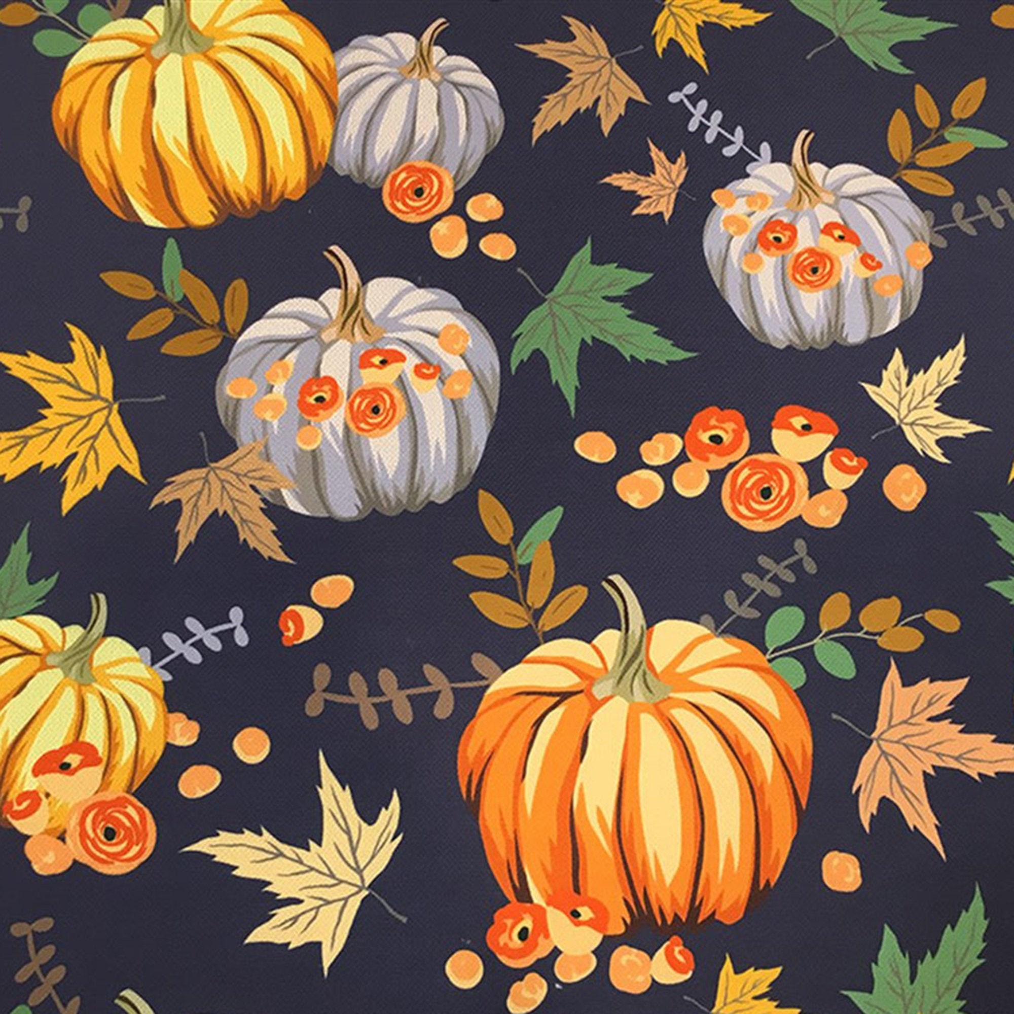 Navy Pumpkin Halloween Fabric Pumpkins and Fall Leaves Print - Etsy