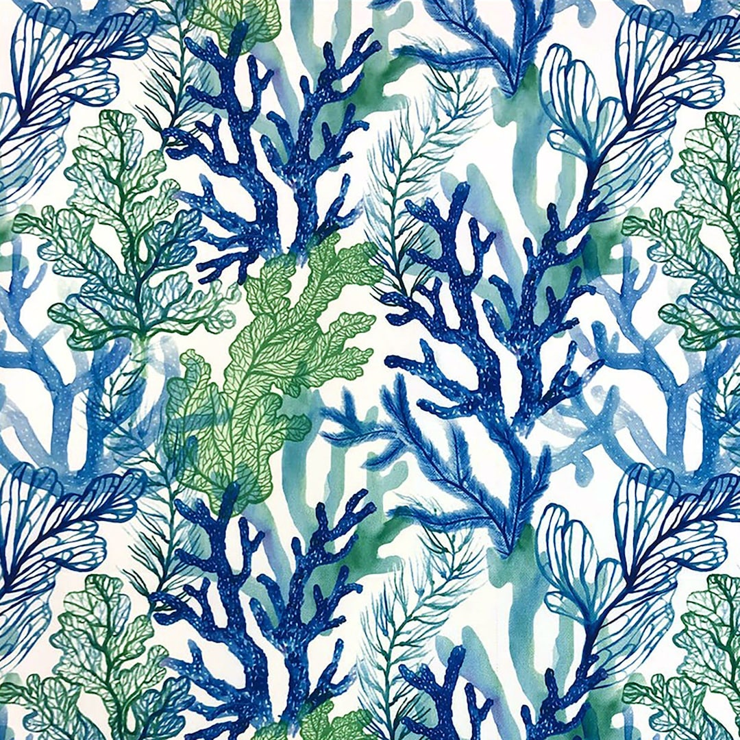 Blue Green Coral Reef Fabric Nautical Watercolor Coastal Print Material Home Decor Curtain
